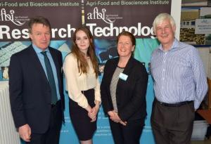 Seamus Kennedy, AFBI CEO, Claire Guy, winner of the best poster presentation, Mary Harty, winner of the best oral presentation and Prof Alistair McCracken, AFBI.